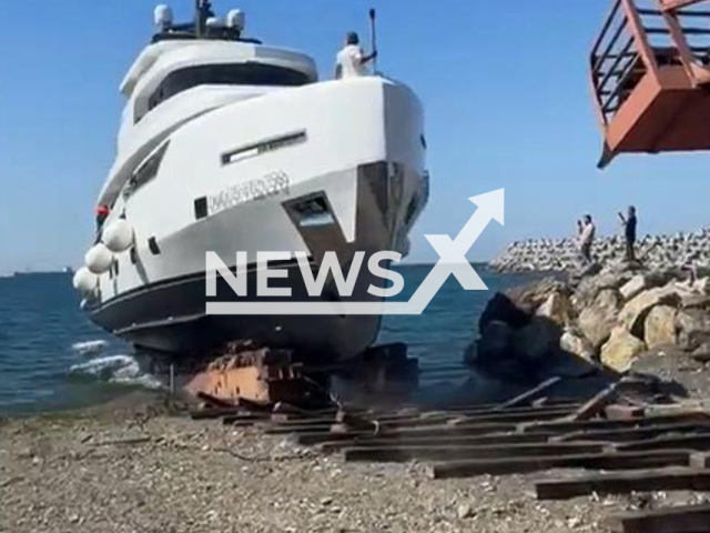 Luxury yacht launches in Eregli, Turkey but sinks 15 minutes later, undated. The cause remains unclear. Note: Photo is a screenshot from a video. (Newsflash/NX)