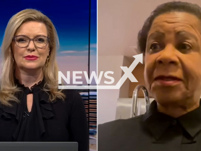 SABC presenter Juliet Newell (left) debates Mamphela Ramphele (right) on South African television, August 2025. The presenter has been fired. Note: Image is a screenshot from video. (Newsflash/NX)