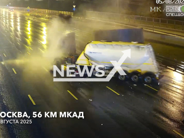 This image is a screen grab of the video supplied titled NewsX-RingRear-01.mp4: Footage shows a fuel truck crashing into the rear of a cargo lorry driving in the left slow lane on the Moscow Ring Road, Russia on Tuesday, Aug 5, 2025.(Clipzilla/NX)