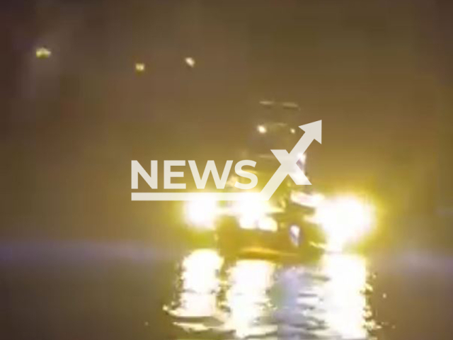 This image is a screen grab of the video supplied titled NewsX-FishFight-01.mp4: Footage shows a Turkish fishing boat approaching the Greek fishermen's boat in the Thracian Sea on Tuesday night, Sep. 2, 2025.(Clipzilla/NX)