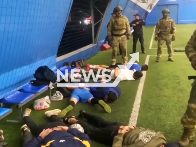 This image is a screen grab of the video supplied titled NewsX-MigrantFootballers-01.mp4: Footage shows Russian forces detaining football players most of them illegal migrants in the Samara region, Russia on Friday, Aug. 29, 2025.