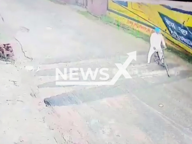 This image is a screen grab of the video supplied titled NewsX-BrickWall-01.mp4: CCTV footage shows old roadside wall suddenly collapsing on 60-year-old farmer while he was passing by on a bicycle in Mansa, Punjab, India on Sunday, Aug 31, 2025.(Clipzilla/NX)