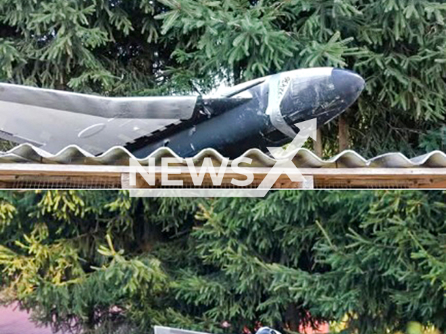 Picture shows a post about the Russian drone found on a rabbit hutch in Bychawka Trzecia, Poland, undated. A man found it when he returned from work on Sept.10,2025. Note: Photo is a screenshot from Facebook post. (Newsflash/NX)