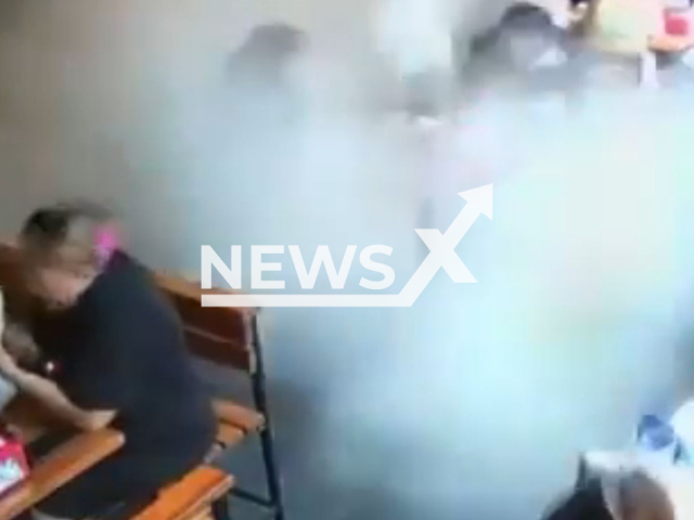 This image is a screen grab of the video supplied titled NewsX-LirryFood-01.mp4: Footage shows a burst truck tire causing a storm of dust at a restaurant in Yalova, Turkey on Friday, Aug 22, 2025.(Clipzilla/NX)