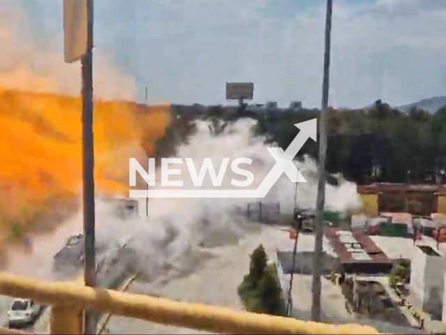 This image is a screen grab of the video supplied titled NewsX-GasTanker-01.mp4: Footage shows people in the bus screaming when a gas truck blew up on a major highway in Mexico City, Mexico on Wednesday, Sep. 10, 2025.(Clipzilla/NX)