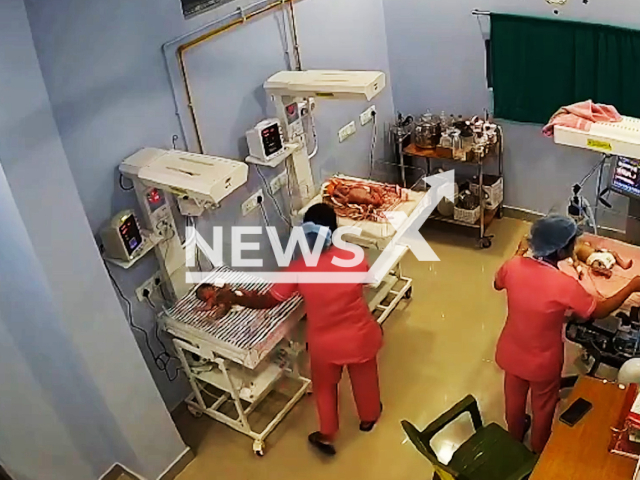 Nurses shield newborn babies during 5.8 earthquake in Nagaon, Assam in India, Sep. 14, 2025. Note: Photo is a screenshot from a video. (Newsflash/NX)