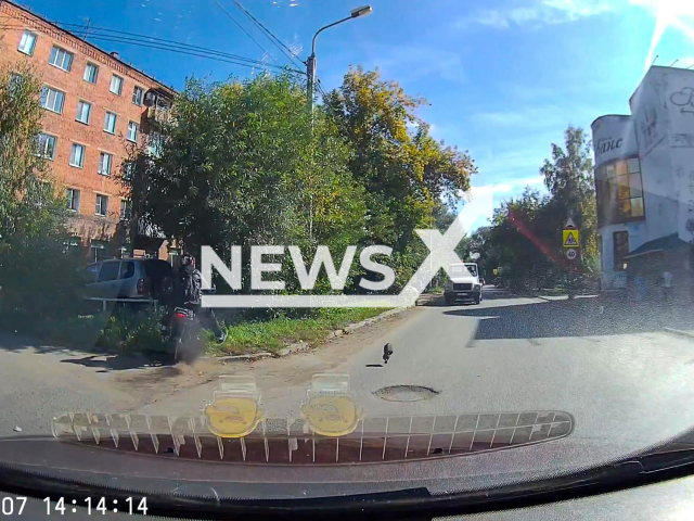 This image is a screen grab of the video supplied titled NewsX-FleeCrash-01.mp4: Footage shows a motorcycle driver ramming into a car, damaging two doors, a threshold, a wing and a mirror and crashing into a tree after the collision in Omsk, Russia on Sunday, Sep. 7, 2025. (Clipzilla/NX)