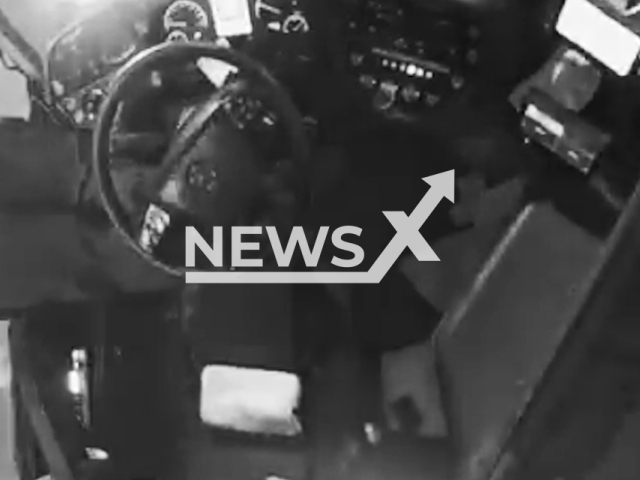 This image is a screen grab of the video supplied titled NewsX-IstanbulBus-01.mp4: Footage from the busβs security camera shows the driver at the wheel before colliding with a car, after which he was pressed against the window by the impact and continues moving for some time in Umraniye, Istanbul Province, Turkey on Thursday, Sep. 11, 2025.(Clipzilla/NX)