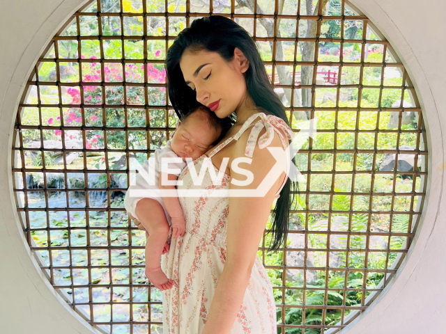 Erika Lizeth Gonzalez Garza poses with her child in undated photo. She died with her husband Francisco Gabriel Simental Ochoa and their children in car crash in Cancun, Mexico. Note: Private photo taken from social media. (Newsflash/NX)