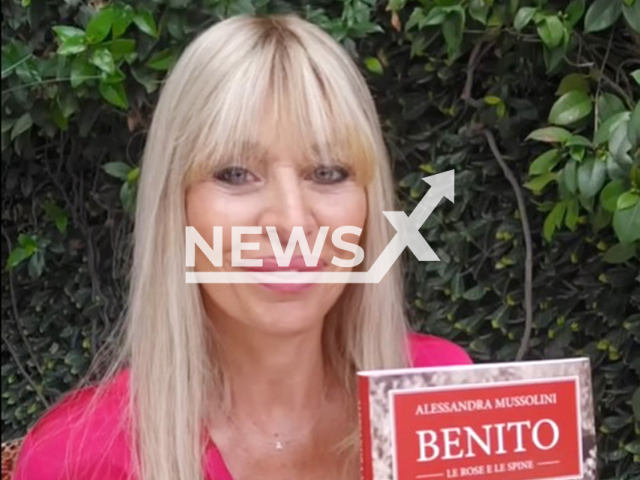 Picture shows Alessandra Mussolini with her book, undated. She said her grandmother Rachele had an affair with Corrado Varoli. Note:Image is a screenshot from video. (Newsflash/NX)