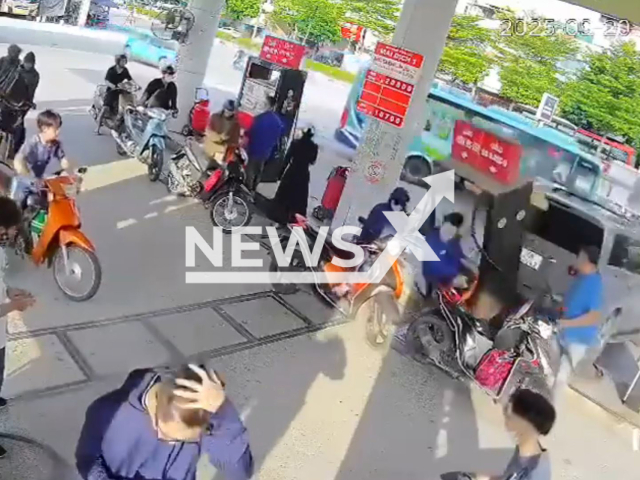 A car hits a gas pump in Hanoi, Vietnam, on Sept.20,2025. Two motorbikes and a man were crushed and caught fire. Note: Photo is a screenshot from a video(Newsflash/NX)
