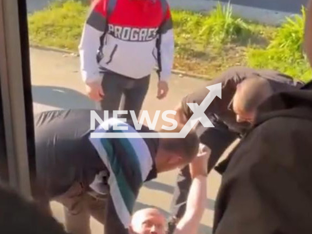 This image is a screen grab of the video supplied titled NewsX-BusBeat-01.mp4: Footage shows three fare dodgers attacking and beating the bus driver in Barnaul, Altai Krai, Russia on Friday, Sep. 19, 2025. (Clipzilla/NX)