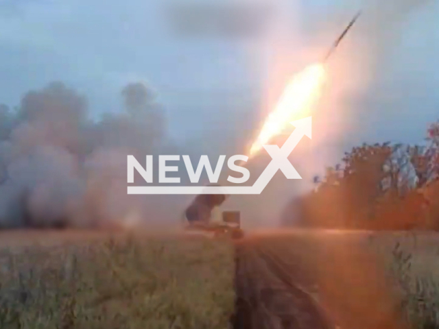 This image is a screen grab of the video supplied titled NewsX-SolntsepekFlamethrower-01.mp4: Footage shows Russian TOS-1A Solntsepek heavy flamethrower hitting Ukrainian military targets near the village of Chervone in the Zaporizhzhia region, Ukraine on Monday, Sep. 22, 2025.(Clipzilla/NX)