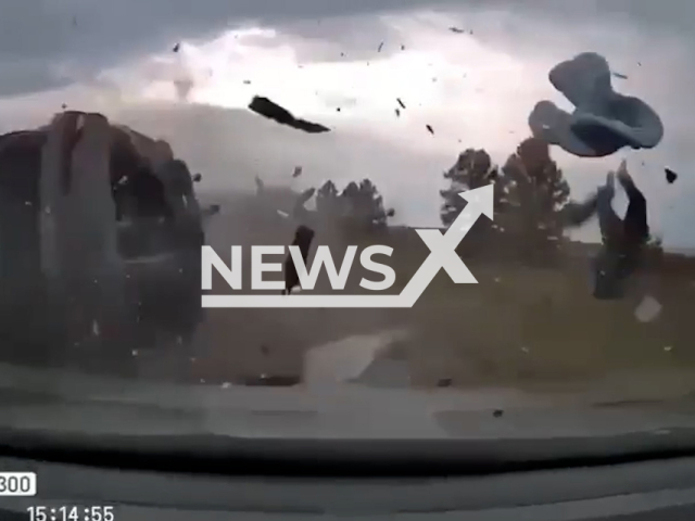 This image is a screen grab of the video supplied titled NewsX-MassiveAcc-01.mp4: Footage shows Kia Rio driving into the oncoming traffic lane, causing a collision with a Sitrak truck and a Lada Largus and Chevrolet Lacetti moving in the opposite direction on M-5 "Ural" highway in the Sergievsky District of the Samara Region, Russia on Saturday, Sep. 20, 2025.(Clipzilla/NX)