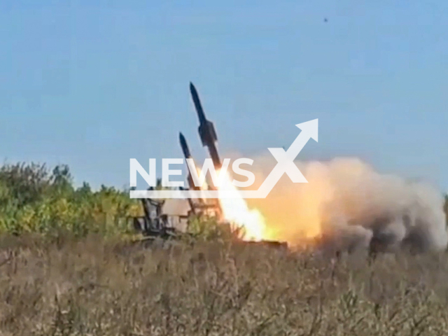 This image is a screen grab of the video supplied titled NewsX-DroneBuk-01.mp4: Russian Buk-M3 air defense missile system destroys an target in Krasnoarmeysk, Moscow Oblast, Russia on Wednesday, Sep. 24, 2025.(Clipzilla/NX)
