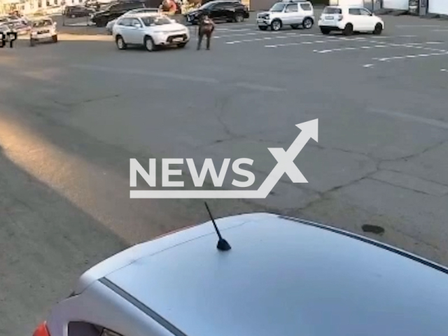 This image is a screen grab of the video supplied titled NewsX-SweeperHit-01.mp4: Footage shows a woman driving a Mitsubishi hitting a street sweeper in a parking lot in  Petropavlovsk-Kamchatsky, Russia on Thursday, Sep. 25, 2025.(Clipzilla/NX)