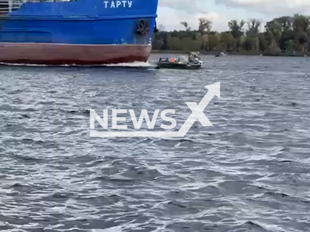 Footage shows collision between the dry cargo ship Tartu and the Neman-400 boat on the Volga River in Samara Oblast, Russia on Sunday, Sep. 28, 2025. Note: Photo is a screenshot from a video. (Newsflash/NX)