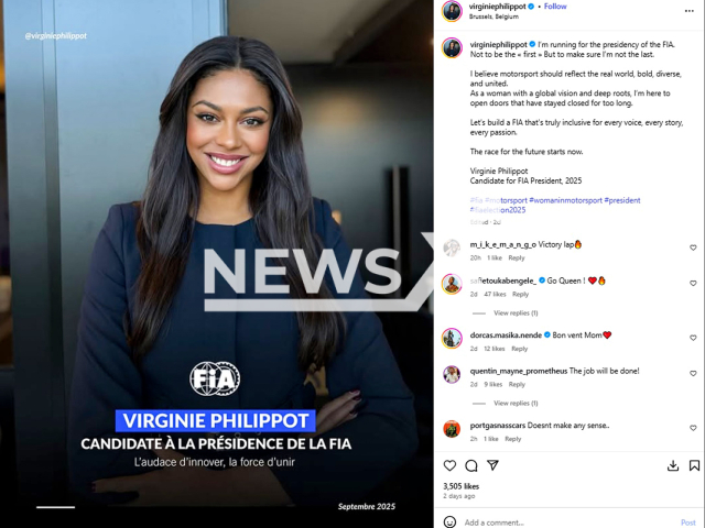 Picture shows a post where Virginie Philippot  announces her candidacy, undated. The Belgian model will run for becoming a FIA president. Note: Image is a screenshot from post. (@virginiephilippot/Newsflash/NX)