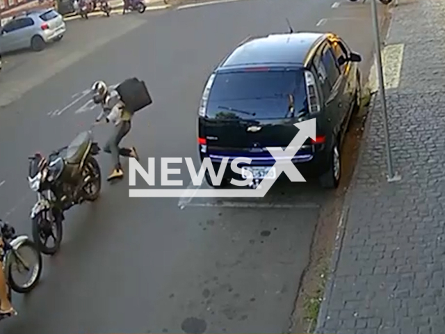 This image is a screen grab of the video supplied titled NewsX-BikesCrush-01.mp4: Footage show the head-on collision, where one motorcyclist is traveling the wrong way and hits another head-on in Uberlandia, Minas Gerais, Brazil on Sep. 29, 2025.(Clipzilla/NX)