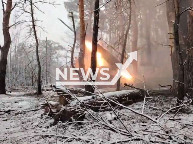 This image is a screen grab of the video supplied titled NewsX-LadaChristmasTree-01.mp4: Footage shows Russian Grad multiple launch rocket system targeting Ukrainian deployment points, unmanned aerial vehicle control centers in Kharkiv Oblast, Ukraine on Thursday, Dec. 25, 2025.(Clipzilla)
