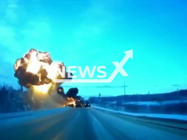 This image is a screen grab of the video supplied titled NewsX-FuelTruck-01.mp4: Footage shows a MAN fuel tanker colliding with an oncoming KamAZ truck while overtaking road equipment causing huge explosion on  he Tyumen-Khanty-Mansiysk highway, Russia on Monday, Jan. 12, 2026.(Clipzilla)