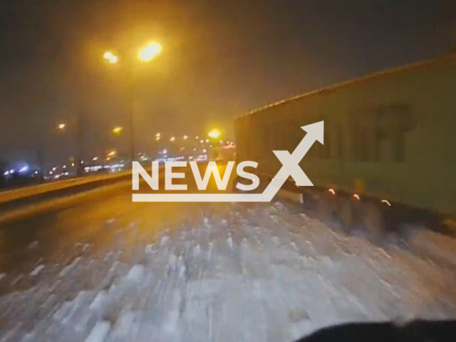 This image is a screen grab of the video supplied titled NewsX-SnowyTrailer-01.mp4:  Footage shows two lorries colliding on snowy road in Moscow, Russia, on 16th January 2026. (Clipzilla)