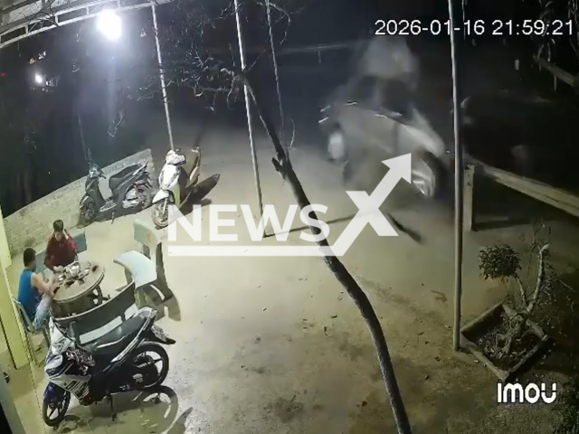 This image is a screen grab of the video supplied titled NewsX-BarrierDrive-01.mp4:  A car crashes into a guardrail in Thanh Hoa, Vietnam, on Jan.16,2026. The driver was unharmed. (Clipzilla)