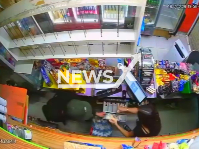 This image is a screen grab of the video supplied titled NewsX-RoberyStrems-01.mp4: Footage shows a suspect robbing a kiosk and a field on Friday, January 16, before his arrest days later as he tries to flee through a stream in La Plata, Argentina on on Wednesday, Jan. 21. 2026.(Clipzilla)