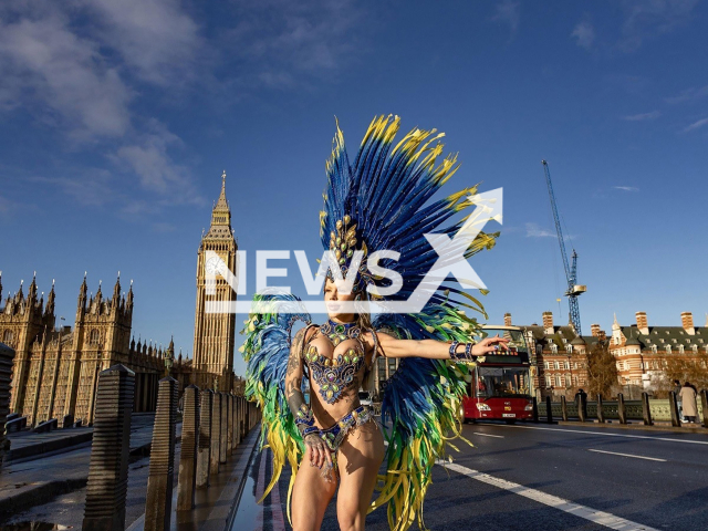 Brazilian influencer and Carnival model Ravena Hanniely, 25, said she was harassed during a Carnival-themed photoshoot carried out recently at tourist landmarks in London, undated photo. Note: Photo obtained with permission. (@ravennahanniely.oficial, CO ASSESSORIA/Newsflash)
