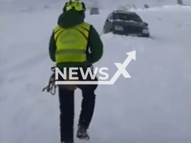 This image is a screen grab of the video supplied titled NewsX-SnowDrive-01.mp4: 	
Footage shows people and children being rescued after being trapped in their cars by the snow in Huescar, Granada, Spain on Saturday, Jan. 24, 2026.(Clipzilla)