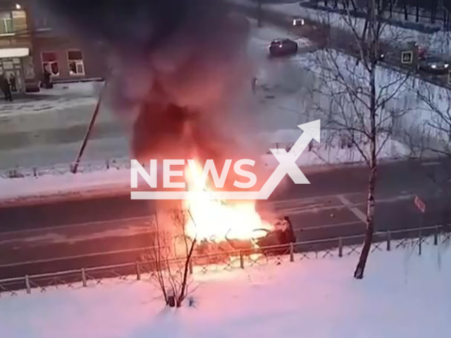 This image is a screen grab of the video supplied titled NewsX-DetonateCar-01.mp4: Footage shows car exploding two times after caught fire on Vosstaniya Street, Staraya Russa, Novgorod Oblast, Russia on Monday, Jan. 26, 2026.(Clipzilla)