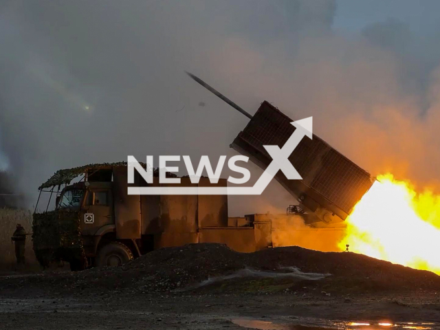 This image is a screen grab of the video supplied titled NewsX-RemoteMining-01.mp4: Footage shows Russian 'Zemledeliye' remote mining engineering system lunching 122mm rocket-propelled grenades pre-programmed to form minefields on the supply routes near Pokrovsk, Ukraine on Thursday, Jan. 29, 2026.(Clipzilla)