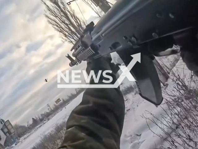 This image is a screen grab of the video supplied titled NewsX-PokrovskOffensive-01.mp4: Footage shows Russian soldiers shooting down Ukrainian attack drones using machine guns during offensive near Pokrovsk, Ukraine on Monday, Feb. 2, 2026.(Clipzilla)