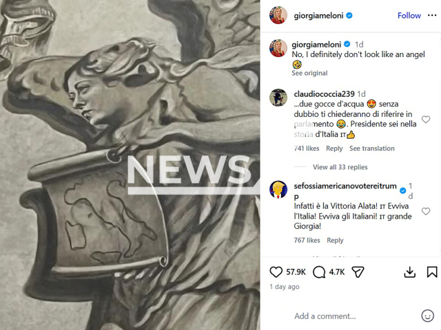 Picture shows Giorgia Meloni's post, undated photo. The face of Prime Minister Giorgia Meloni appears on an angel in the Basilica of San Lorenzo in Lucina in Rome, Italy. Note: Image is a screenshot from post. (Newsflash)