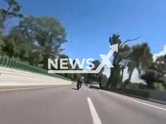 A biker causes a crash on a road in Huitzilac, Mexico, undated. As a result, a group of motorcyclists crashed into the bike parts that were left on the asphalt, causing a chain reaction.Note: Photo is a screenshot from a video. (Newsflash)