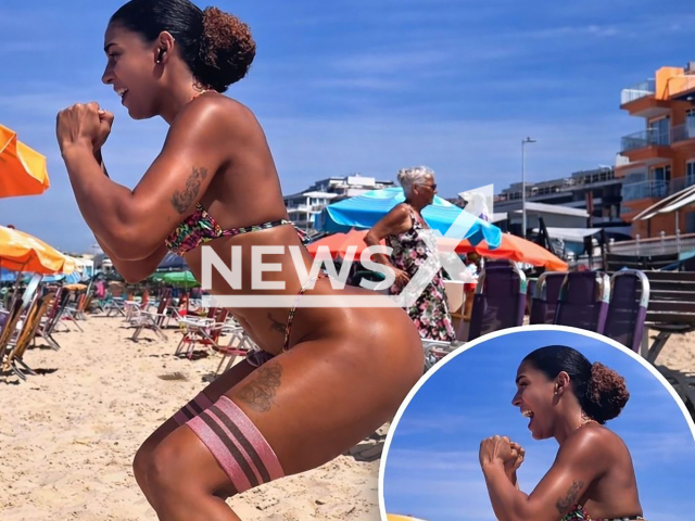 Brazilian fitness influencer Emelly Souza, 25, works out on a beach in Salvador, Bahia in Brazil, undated. Note: Photo obtained with permission. (@souaemelly, CO ASSESSORIA/Newsflash)