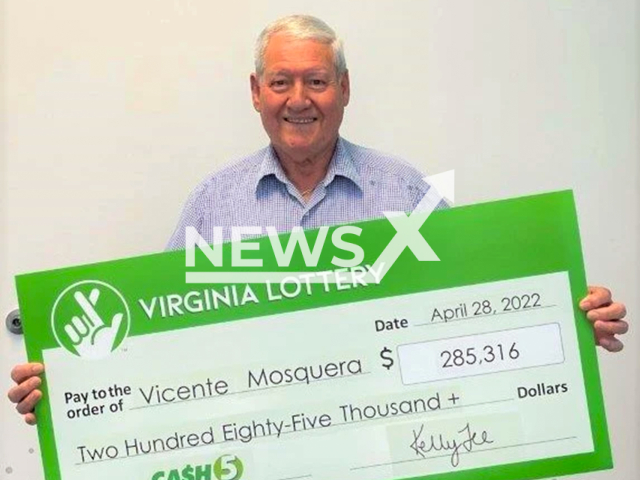 Vicente Mosquera, 82,   waiter in an Italian restaurant won a jackpot of USD 285,316 using a combination someone told him years ago, on 23rd April, in  Virginia Beach, USA. Note: Photo from a press statment. (Virginia Lottery/Newsflash)