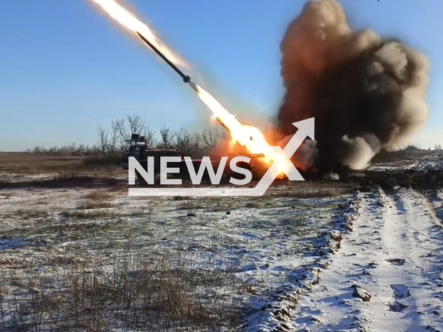 This image is a screen grab of the video supplied titled NewsX-UraganStrongholds-01.mp4: Footage shows a Russian Uragan multiple launch rocket system targeting Ukrainian warehouses and a command post on the frontlines in Zaporizhzhia Oblast, Ukraine on Wednesday, Feb. 11, 2026.(Clipzilla)