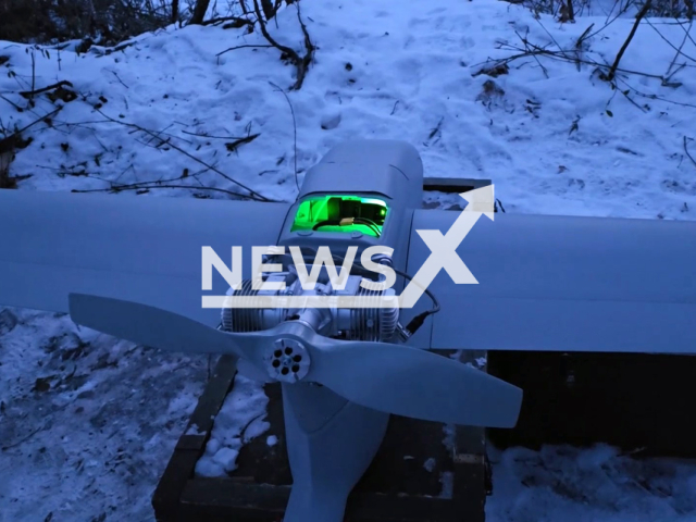 This image is a screen grab of the video supplied titled NewsX-KubDrone-01.mp4: Footage shows Russian 'Kub' loitering munition hitting Ukrainian artillery positions on the frontlines in Kharkiv Oblast, Ukraine on Wednesday, Feb. 11, 2026.(Clipzilla)