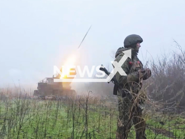 This image is a screen grab of the video supplied titled NewsX-DroneGrad-01.mp4: Footage shows Russian Grad targeting Ukrainian firing positions in Dnipropetrovsk Oblast, Ukraine on Thursday, Feb. 12. 2026.(Clipzilla)