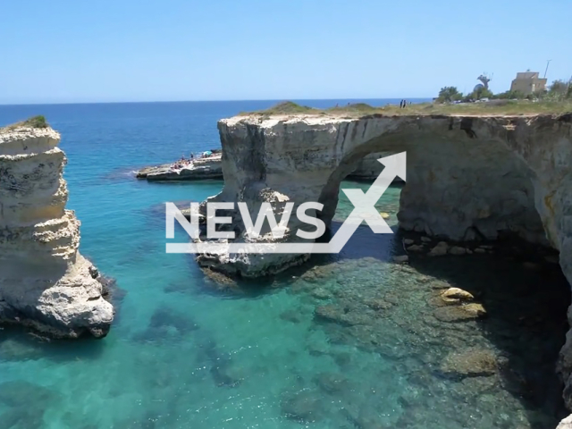 Picture shows the arch of the Sant'Andrea stacks before collapse, Salento, Italy, undated. It was destroyed by bad weather. Note: Image is a screenshot from video. (Newsflash)