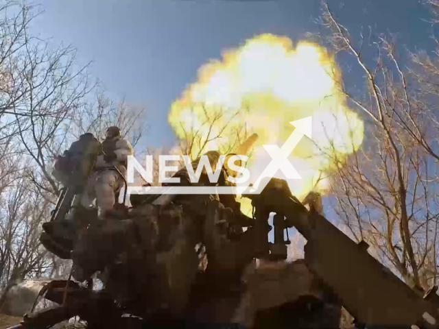 This image is a screen grab of the video supplied titled NewsX-PortSing-01.mp4: Footage shows Russian Pion self-propelled gun targeting Ukrainian position near Siversk, Ukraine on Wednesday, Feb. 18, 2026.(Clipzilla)