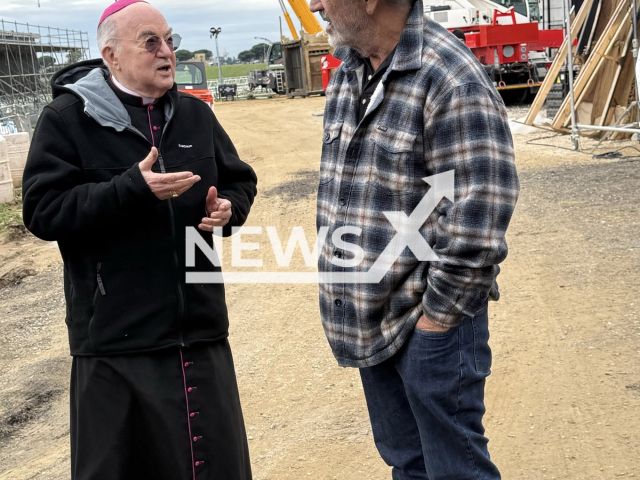 Picture shows Carlo Maria Vigano and Mel Gibson on set of "The Resurrection of the Christ", undated. Note: Private photo taken from social media. (@CarloMVigano/Newsflash)