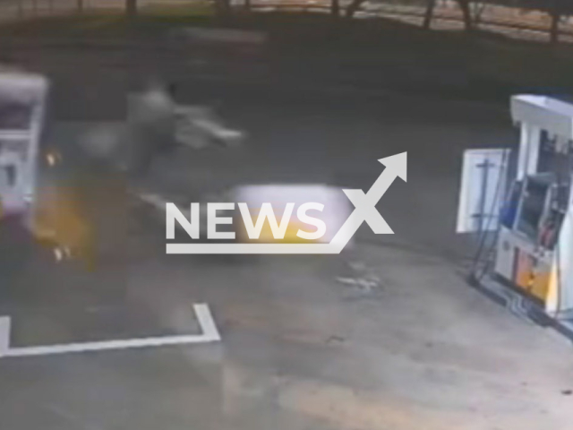 This image is a screen grab of the video supplied titled NewsX-CrushFur-01.mp4: Footage shows a car, at high speed crashing into gas station in Santo Amaro, Sao Paulo, Brazil on Thursday, Feb. 19, 2026.(Clipzilla)