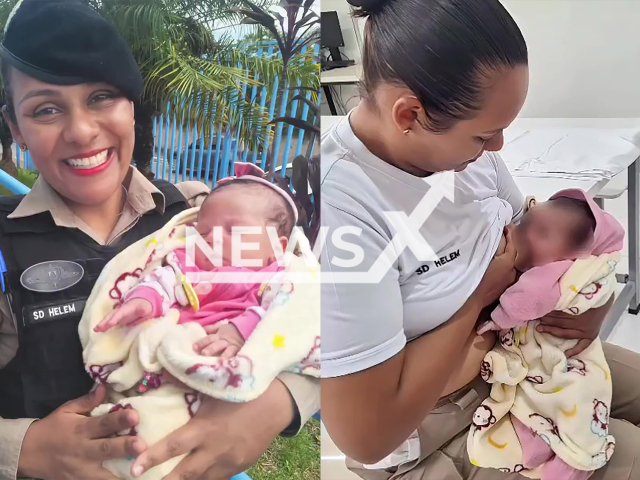 Pictures show female cop with newborn baby she breastfed after it was found abandoned in a sewer in Ibirite, Minas Gerais, Brazil, on 19 February 2026. Note: Private photo. (Newsflash)