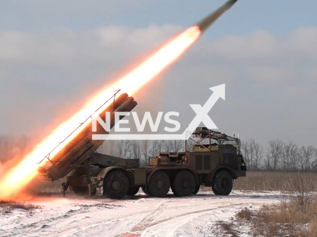 This image is a screen grab of the video supplied titled NewsX-HiddenBunkers-01.mp4: Footage shows Russian Uragan multiple launch rocket system targeting Ukrainian military positions near Pokrovsk, Ukraine on Tuesday, Feb. 24, 2026(Clipzilla)