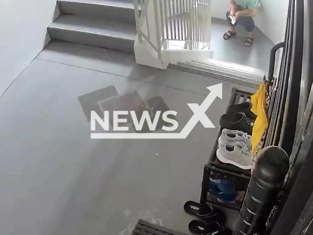 This image is a screen grab of the video supplied titled NewsX-SingBildys-01.mp4: Footage shows a man walking up to a staircase landing, lowering his shorts and squatting against the wall before standing slightly and using tissue to wipe himself in Punggol, Singapore. on Monday, Feb. 23, 2026.(Clipzilla)
