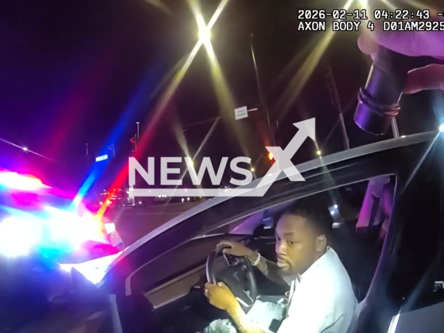 This image is a screen grab of the video supplied titled NewsX-ArrestDriver-01.mp4: Footage show suspect Rocci M. Berry Jr., 26, ramming patrol car after being found asleep leading deputies on a damaged-tire chase along I-4 before abandoning the vehicle and later being captured with the help of a K-9 unit in Kissimmee, Florida, United States on Wednesday, Feb. 11, 2026.(Clipzilla)