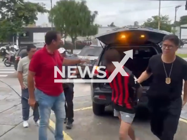 Picture shows police arresting a suspect in Sao Paulo, Brazil, undated. He is suspected of being part of a gang specialising in robberies against drivers. Note: Picture is a screenshot from video. (Newsflash)