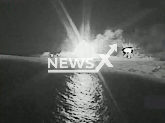 This image is a screen grab of the video supplied titled NewsX-NavalHit-01.mp4: Footage shows US forces blasts Iranian warship in the waters of Gulf of Oman, undated. The U.S. Central Command publish the footage on Monday, Mar. 2, 2026.(Clipzilla)